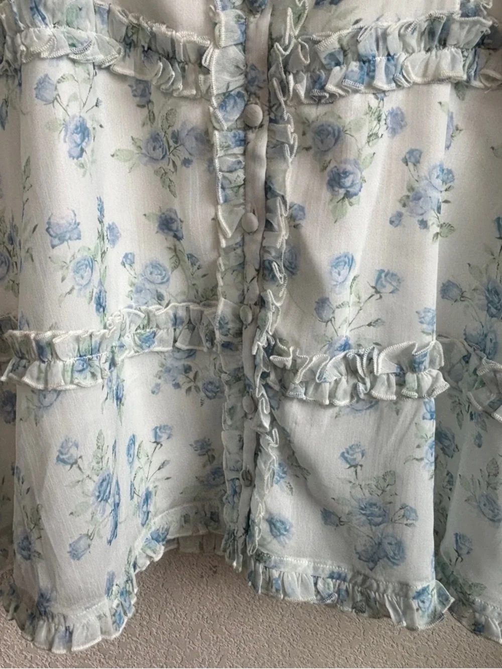 Rachel Parcell White Blue Floral Ruffle Sheer Long Sleeve Mini Dress M